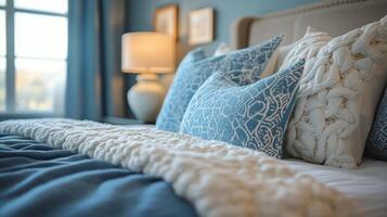 A blue and white bed with blue pillows photo
