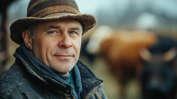 A man in a hat is standing in front of a herd of cattle photo