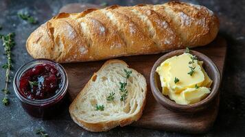 Bread, butter and jam on a cutting board photo