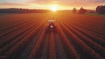 A tractor is driving through a corn field at sunset photo
