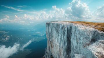 A man standing on a cliff overlooking a valley photo