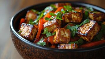 A bowl of tofu and vegetables photo