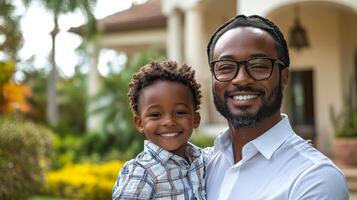 A man and a young boy standing in front of a house photo