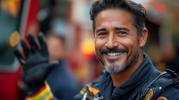 A smiling fireman waving at the camera photo