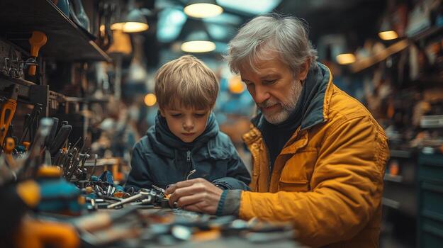 A man and boy working on tools in a workshop photo