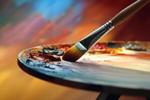 A paintbrush is sitting on a palette with paint photo