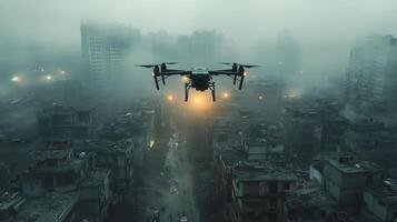 A drone flying over a city at night photo