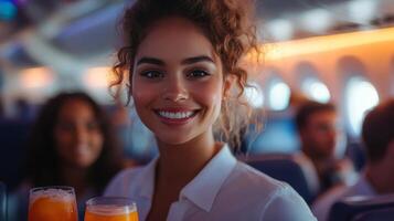 A woman smiling while holding a glass of orange juice photo