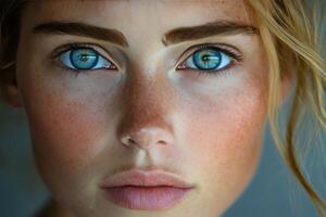A woman with freckled skin and blue eyes photo