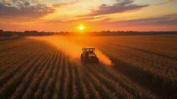 A tractor is spraying a field at sunset photo