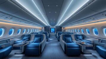 The interior of a large airplane with blue seats photo