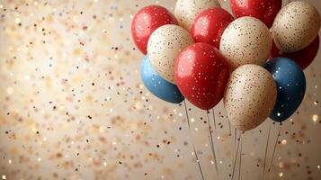 Red, white and blue balloons on a background of confetti photo