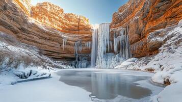 A frozen waterfall in the desert with snow on the ground photo