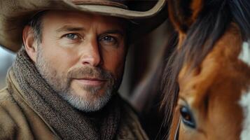 A man in a cowboy hat and scarf standing next to a horse photo
