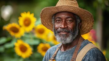An african american man in a hat and overalls standing in front of sunflowers photo