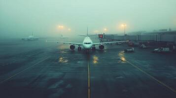 Airplane on foggy runway at airport photo