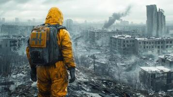 A man in a yellow rain suit stands on top of a ruined city photo