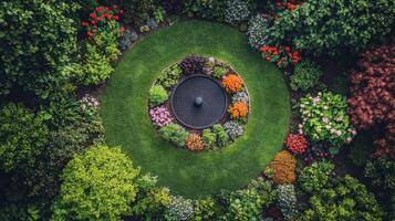 An aerial view of a circular garden with flowers photo
