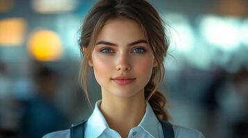 A woman with a tie and shirt in an airport photo