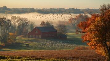 A red barn sits in the middle of a field photo