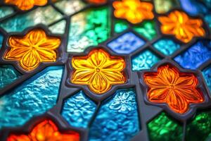 Colorful stained glass window with flowers photo