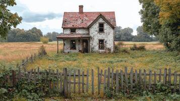 An old abandoned house in the middle of a field photo
