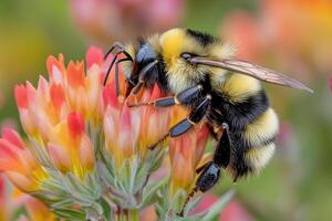 A bee is sitting on a flower with red and yellow flowers photo
