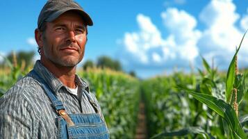 A farmer standing in a corn field photo