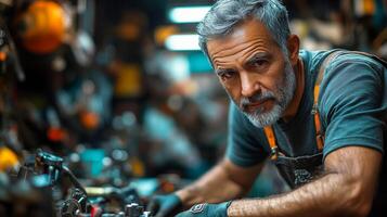 A man working on a car in a garage photo