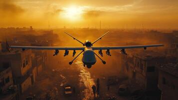 An unmanned aircraft flying over a city at sunset photo