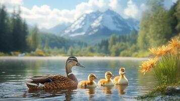 A duck family swimming in a lake with mountains in the background photo