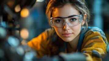 A woman wearing safety glasses in an industrial setting photo