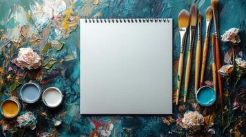 An open notebook with paint brushes and paint on a table photo
