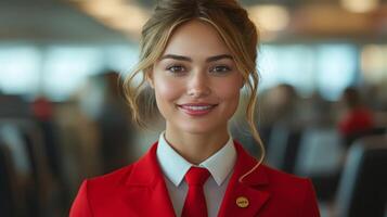 A woman in a red uniform is smiling photo