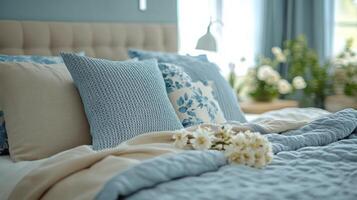 A bed with blue and white pillows and flowers photo