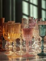 A table with many wine glasses and a few glasses of water photo