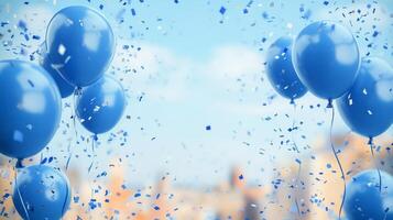 Blue balloons and confetti in the air photo