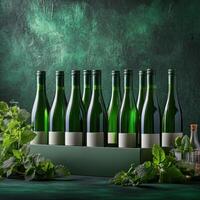 A green box with six bottles of wine and herbs photo