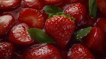 A close up of strawberries with leaves photo