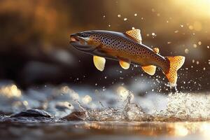 A brown trout jumping out of the water photo