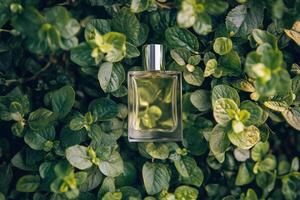A perfume bottle in front of green leaves photo