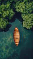 An aerial view of a boat floating in the middle of a lake surrounded by trees photo