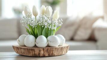 White tulips and lilies in a vase on a wooden table photo