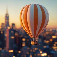 A hot air balloon flying over a city at sunset photo