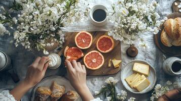 A woman is holding a plate of food and flowers photo