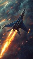 A fighter jet flying through the air with flames coming out of its tail photo