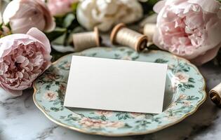 A blank card sits on a plate with pink peonies photo