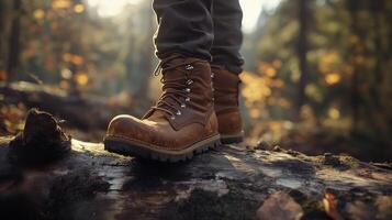 A person wearing a pair of brown boots standing on a log photo