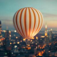 A hot air balloon flying over a city at night photo