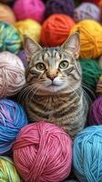 A cat surrounded by balls of yarn photo